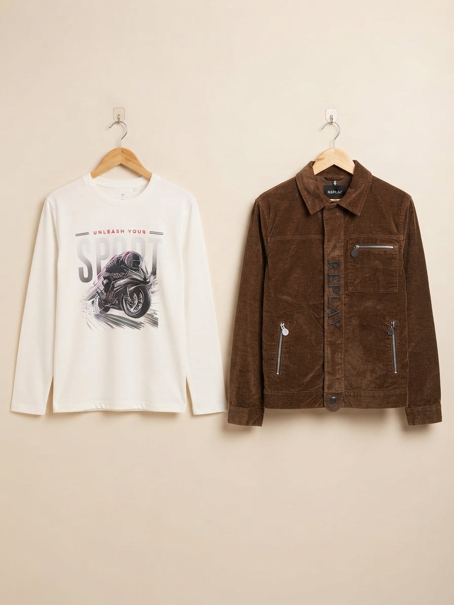 Stylish Boys Corduroy Jacket And Graphic T-Shirt Combo For Casual Daily Outfits