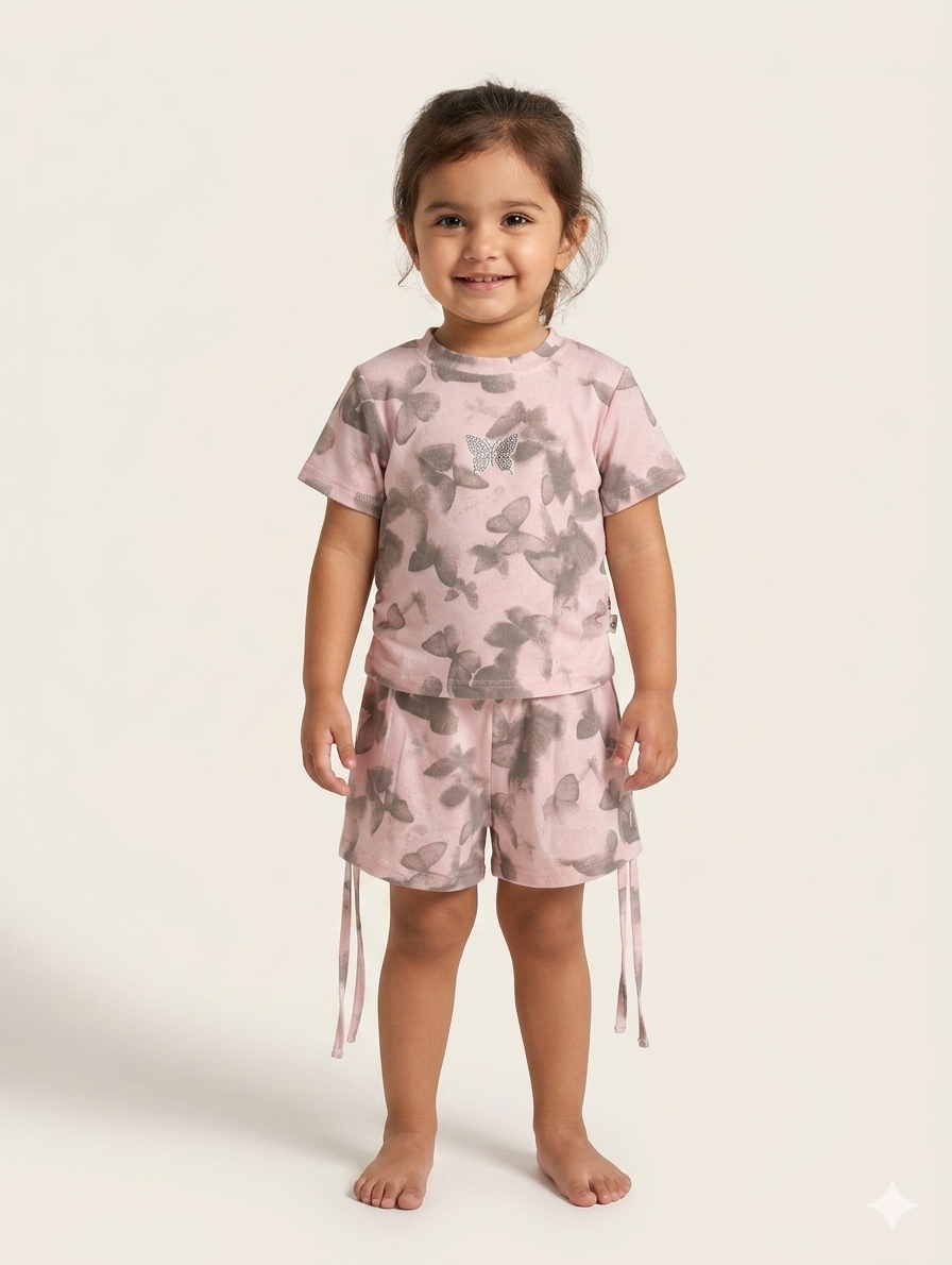 Toddler Girls Butterfly Print Summer Short Set in Midnight Black, Cloud White, and Soft Pink