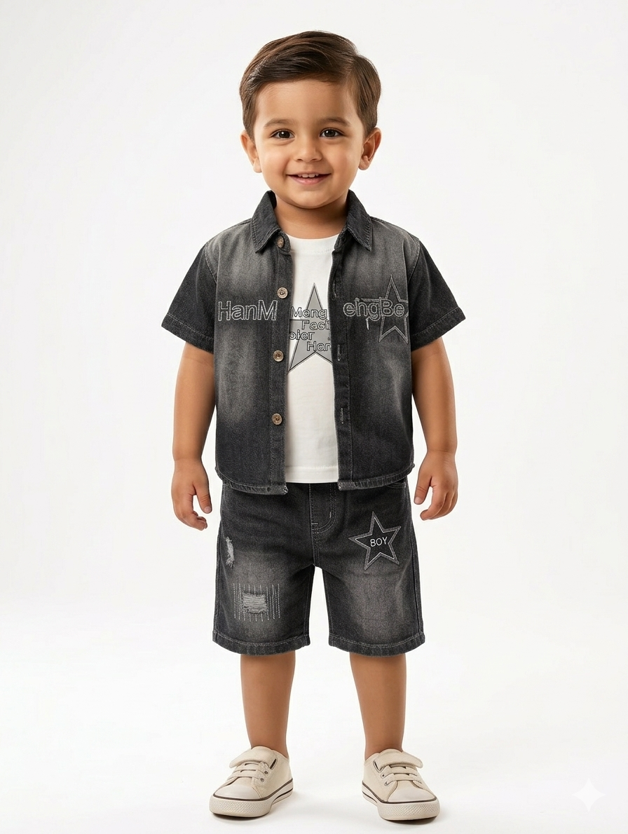 Boys Three-Piece Star Denim Set - Short Sleeve Button-Down Shirt, Graphic Tee, and Distressed Shorts