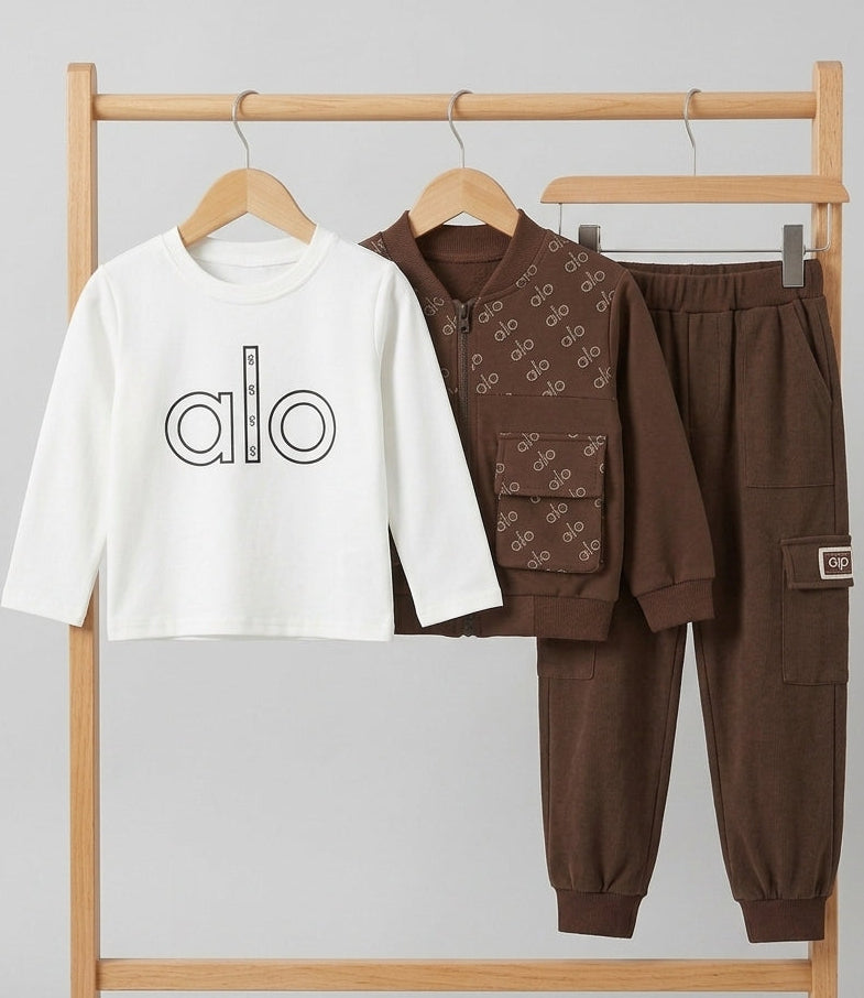Kids 3-Piece Outfit Set With Printed Long Sleeve Shirt Jacket And Cargo Pants