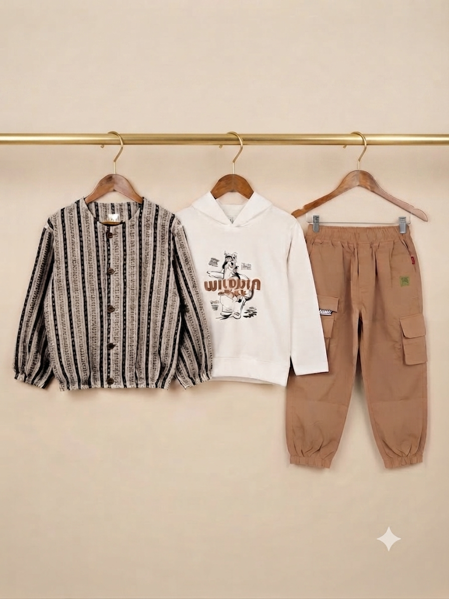 Stylish Printed Button-Down Shirt, Comfortable White Graphic Hoodie, And Casual Cargo Trouser Set