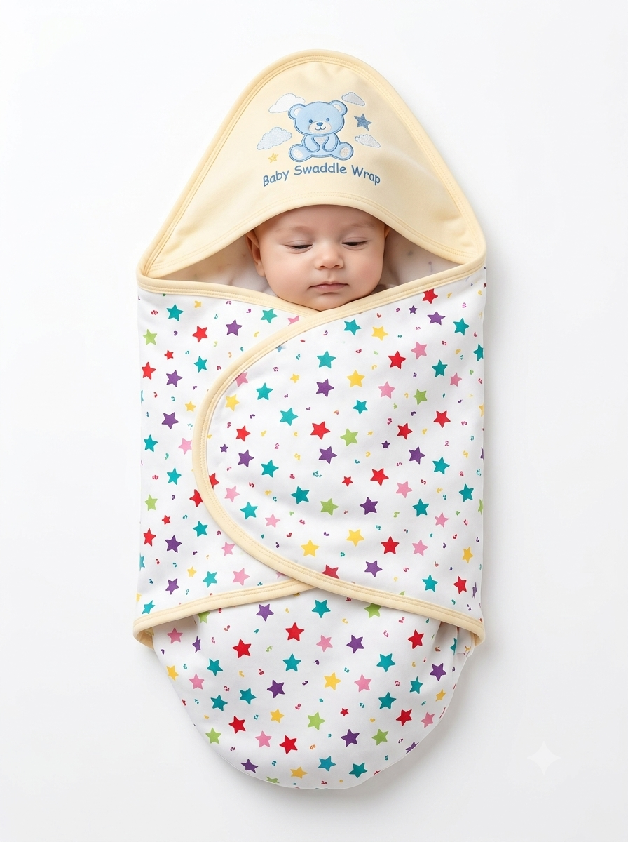 Cute Hooded Baby Swaddle Blanket Soft Cotton Wrap With Printed Colorful Stars Design