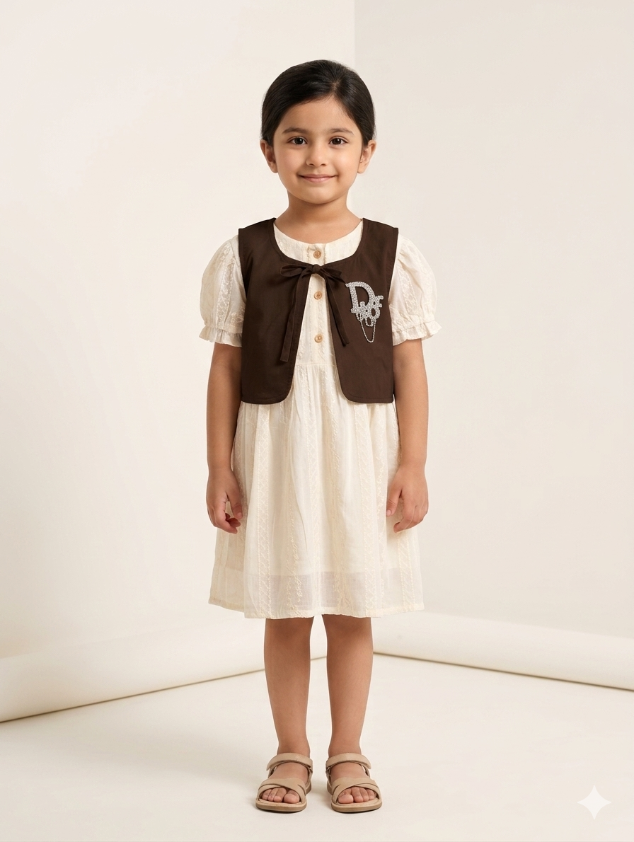 Girls Elegant Lace Puff Sleeve Dress with Decorative Waistcoat and Front Bow Detail Set