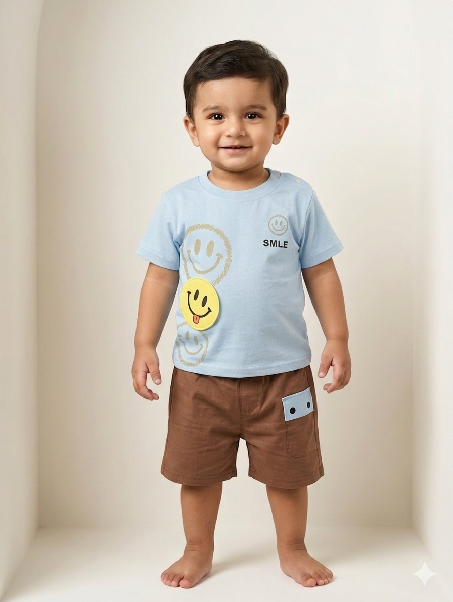Toddler Boys' Smiley Face Cotton T-Shirt and Casual Brown Shorts Two-Piece Summer Outfit Set