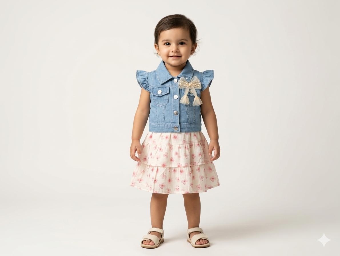 Toddler Girls' Denim Vest and Floral Tiered Skirt Two-Piece Set with Pearl Bow Accent