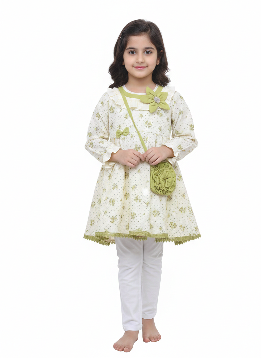 Girls' Elegant Floral Print A-Line Tunic Set with Matching Crossbody Bag and White Trousers