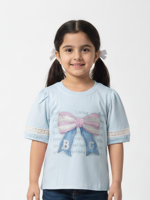 Girls Elegant Puff Sleeve Bow Graphic Tee with Lace Trim in Three Pretty Pastels
