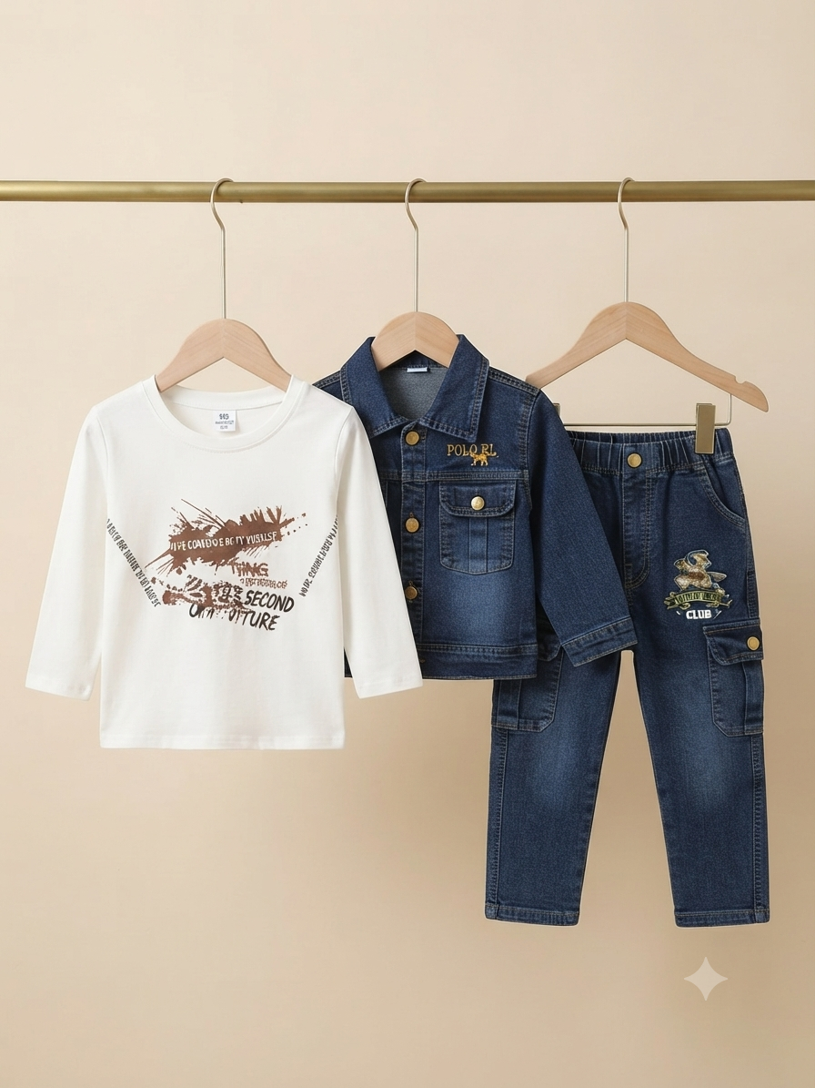 Kids Stylish 3-Piece Polo RL Denim Outfit Set With Shirt And Cargo Pants