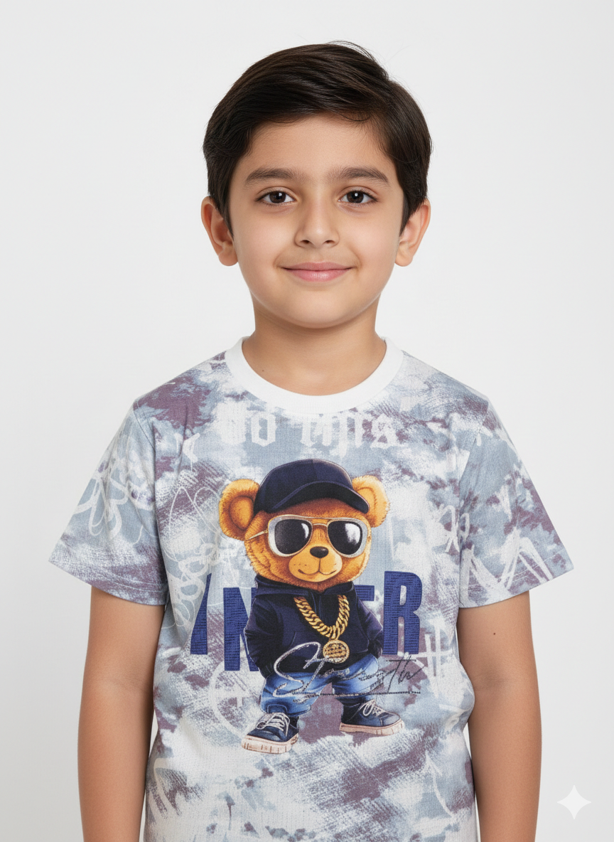 Boys' Urban Hip-Hop Teddy Bear Graphic Tee with Streetwear Print and Comfortable Crew Neck