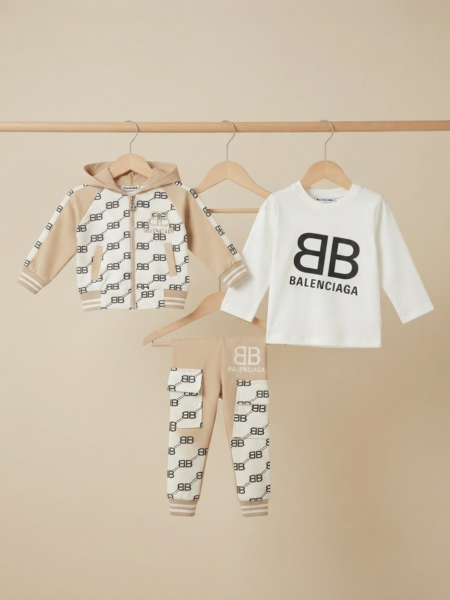 Stylish Designer Inspired Kids Three Piece Clothing Set With Hoodie And Joggers