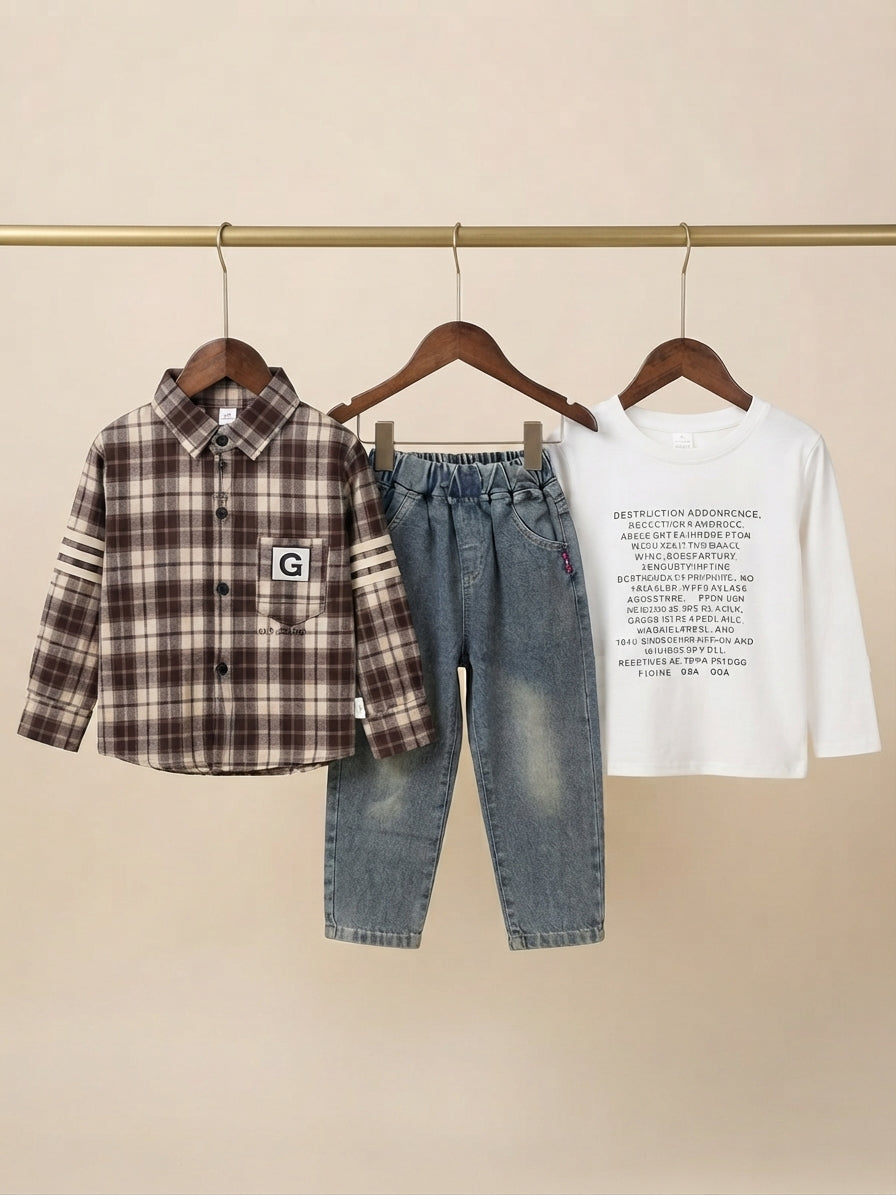 Stylish Boys Checked Shirt White Graphic Tee And Blue Denim Trouser Outfit Set