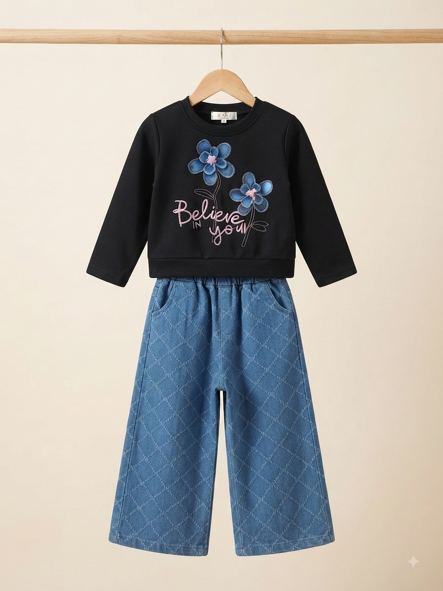 Kids Floral Print Sweatshirt And Quilted Blue Trousers Set
