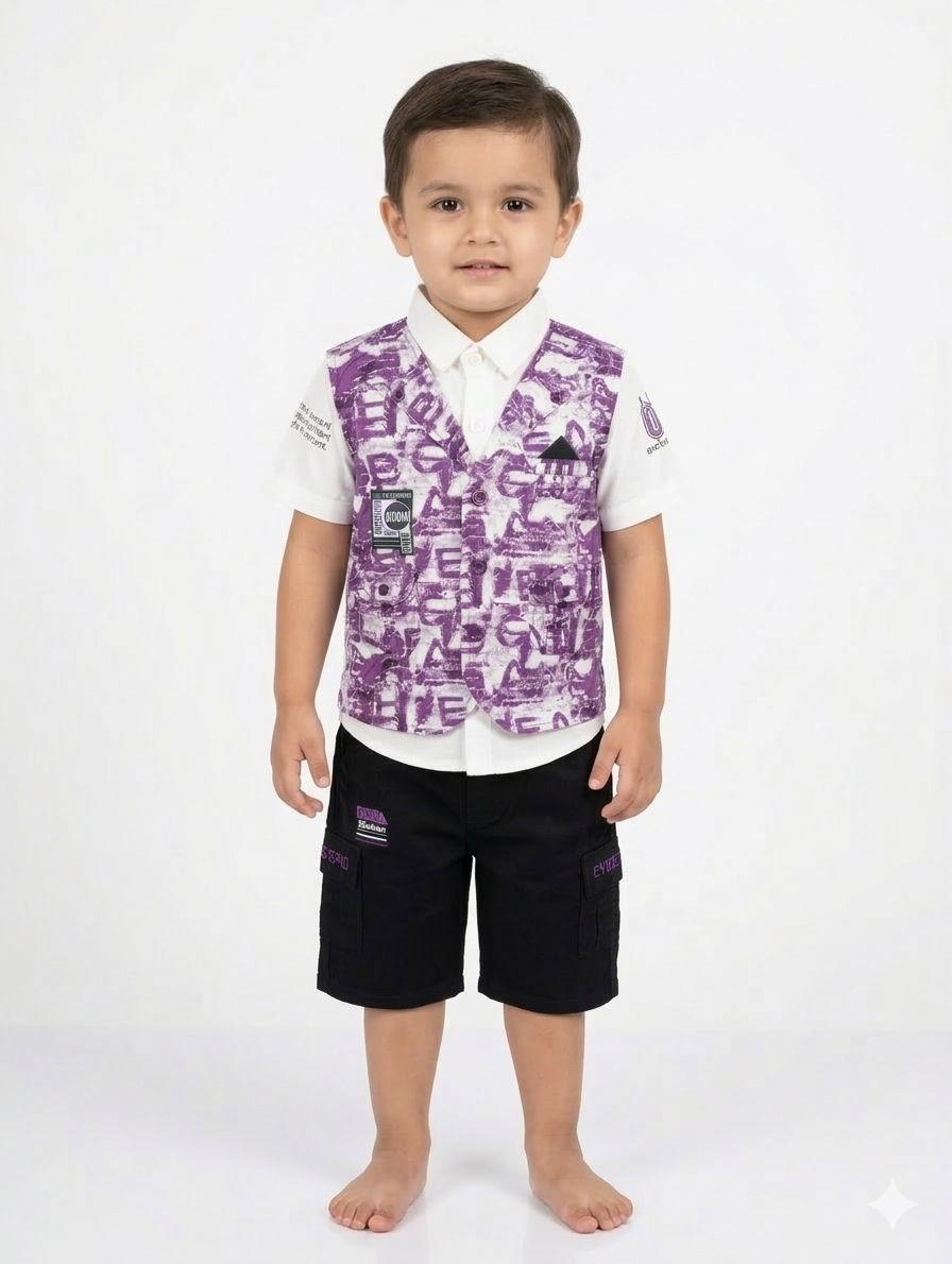 Boys’ Two-Piece Smart Casual Set with Patterned Waistcoat and Cargo Shorts - Multiple Colors
