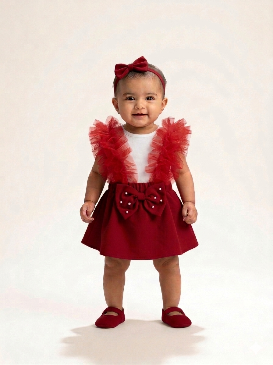 Charming Red Ruffled Party Outfit: Elegant Bow and Tulle for Baby Girls
