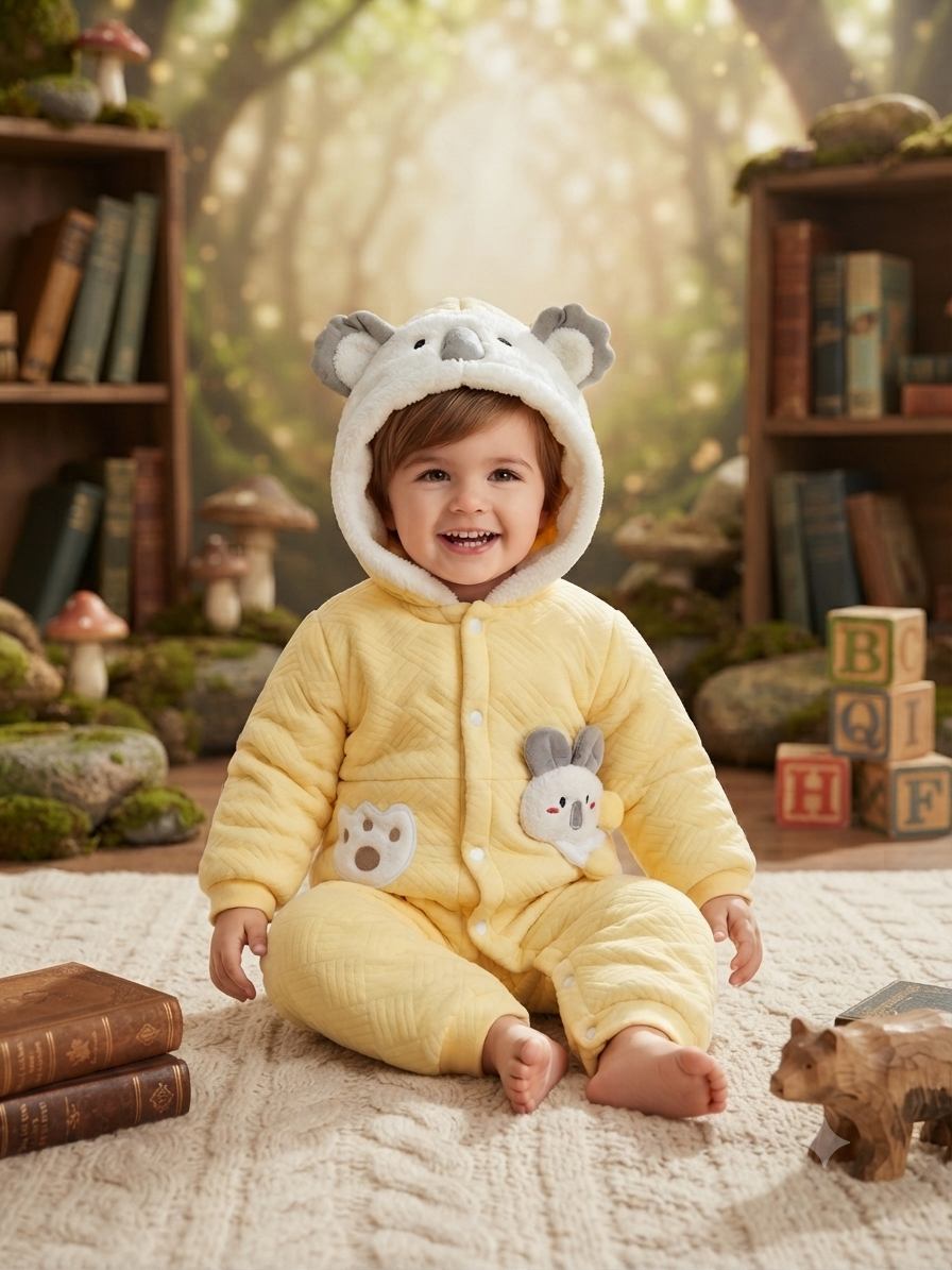 Cute Yellow Koala Hooded Baby Romper Warm Fleece Winter Jumpsuit For Toddler Boys And Girls