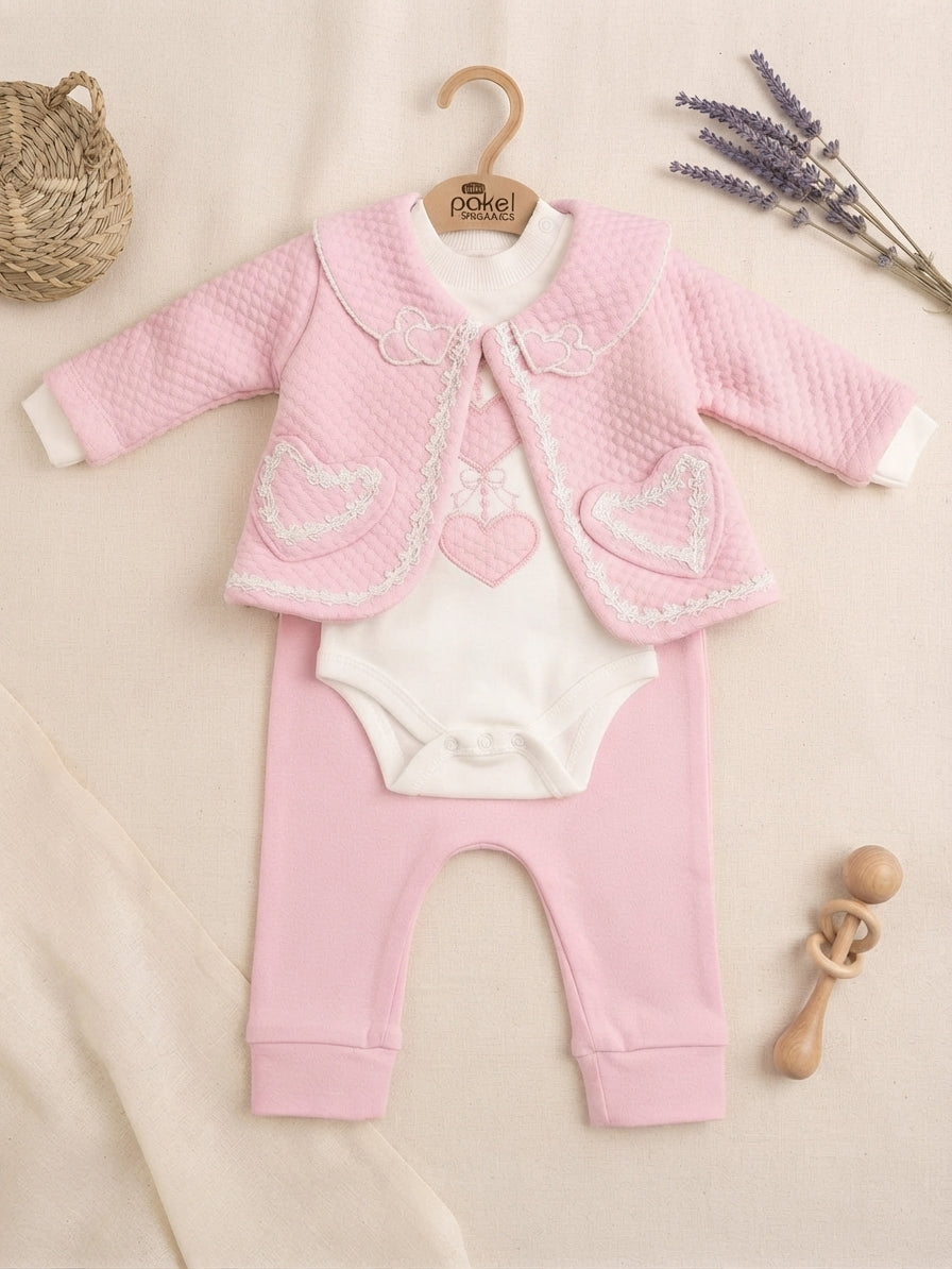 Imported Turkish Baby Girl Quilted Heart Jacket Bodysuit And Trousers Outfit Set