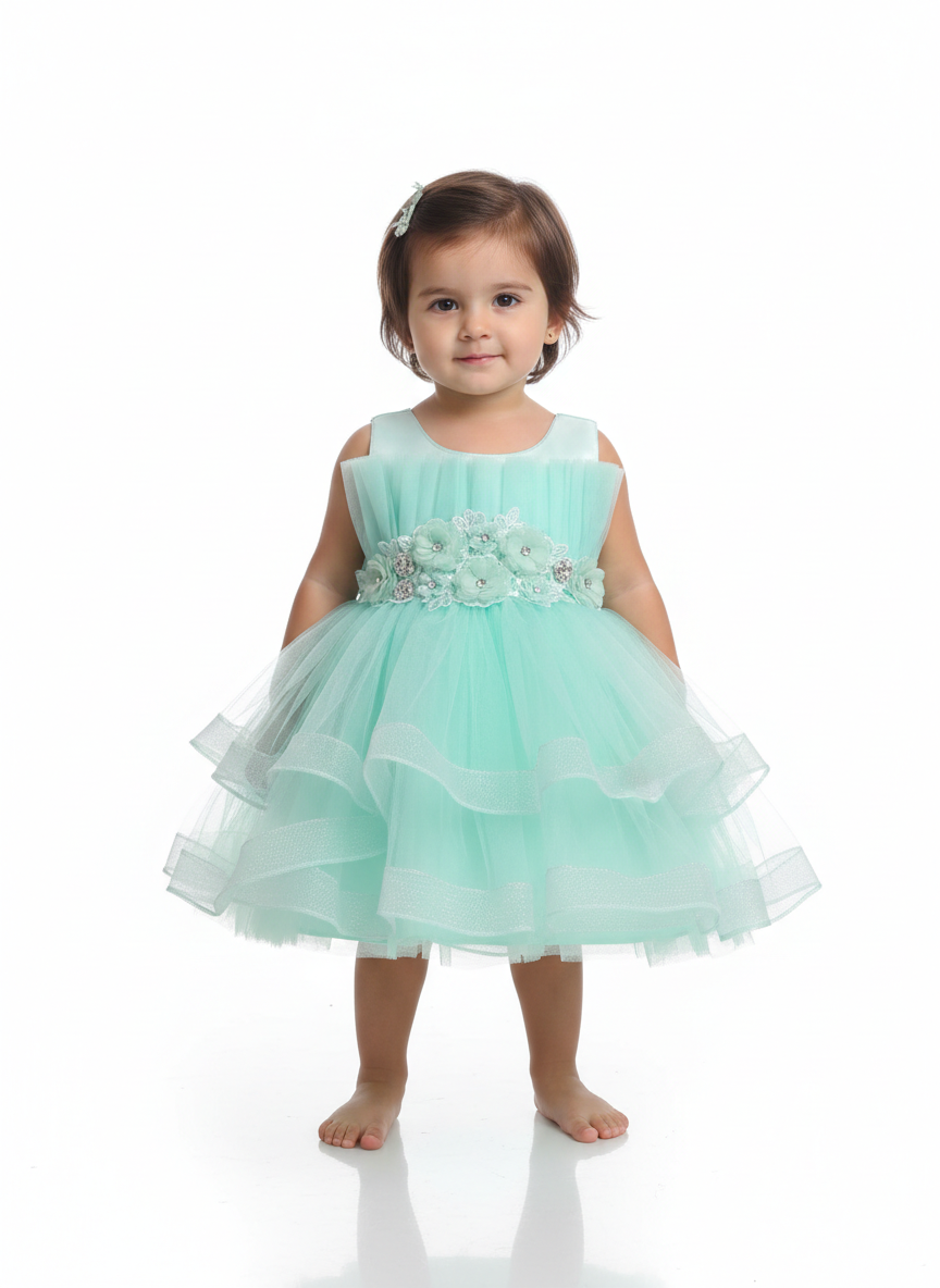 Toddler Girls' Tiered Tulle Occasion Dress with 3D Floral Appliqué and Rhinestone Waistband