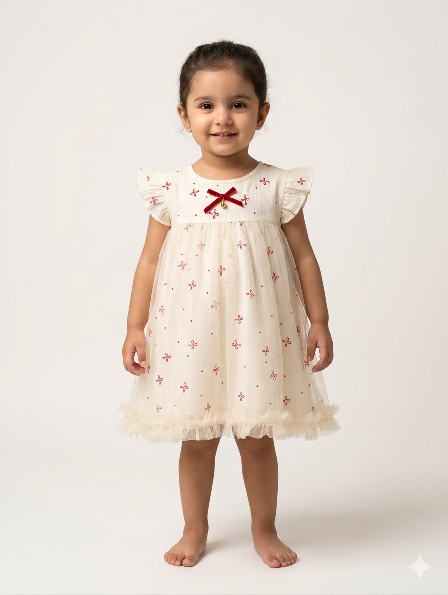 Elegant Toddler Girl Tulle Flutter Sleeve Dress with Ribbon Bow Detail and Floral Embroidery