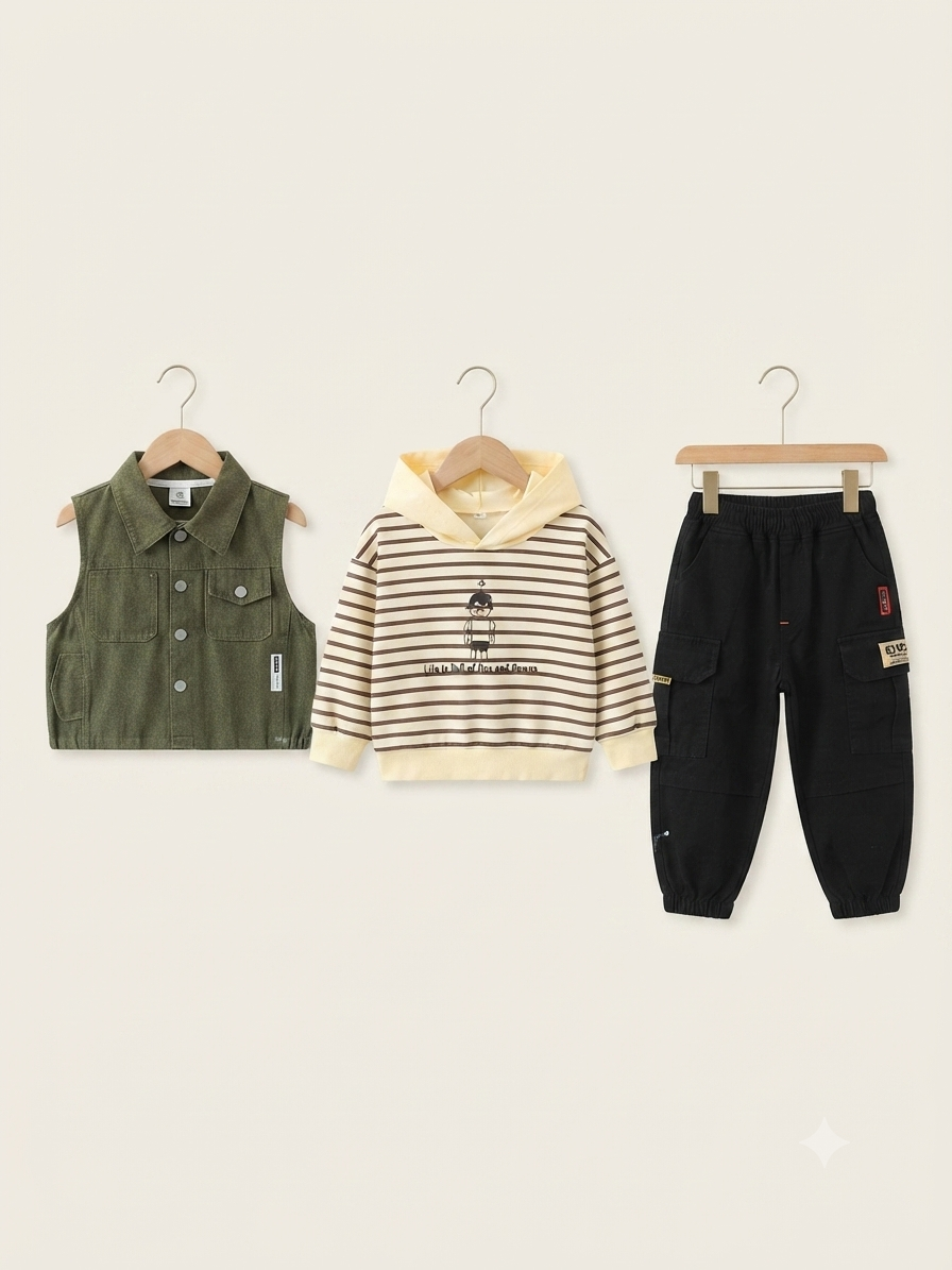 Stylish 3-Piece Kids Outfit Set Featuring Vest, Striped Hoodie, and Cargo Pants