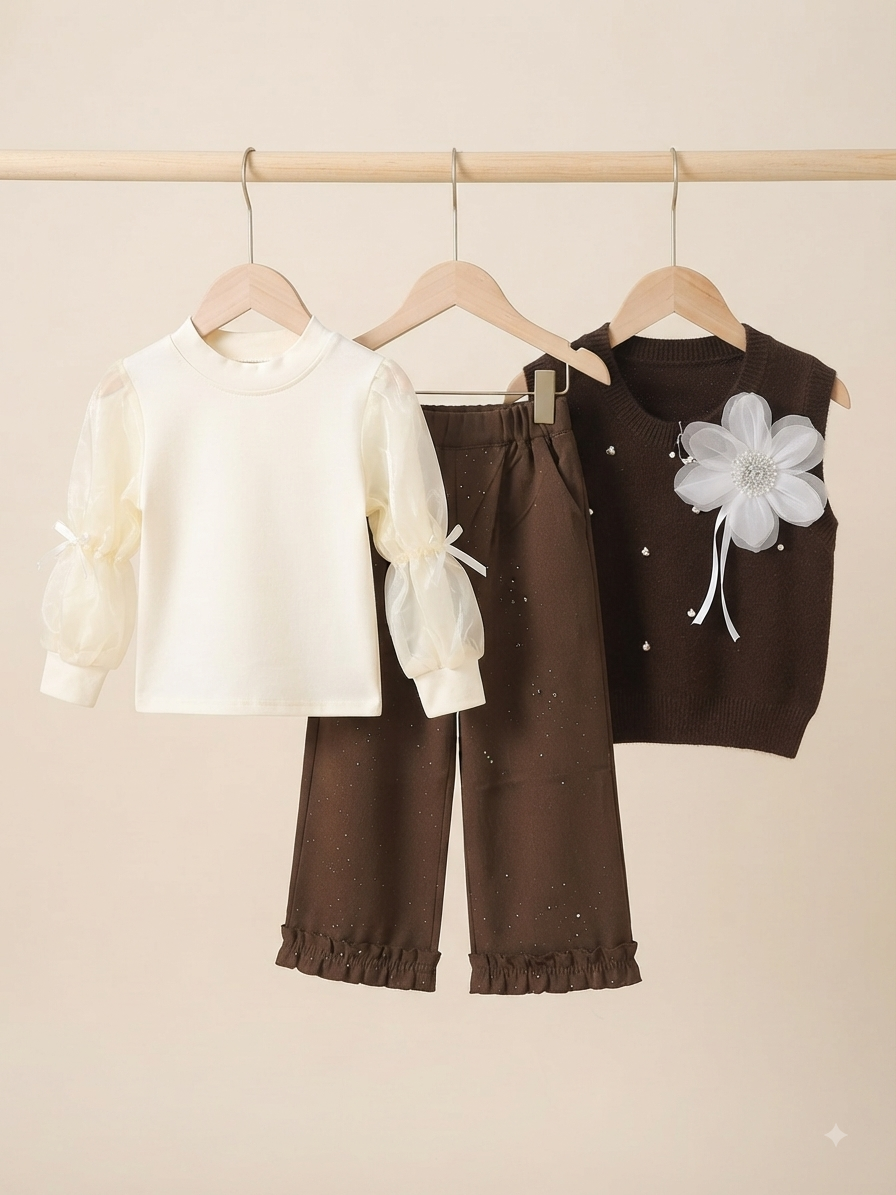 Stylish 3-Piece Girls Outfit Set Featuring Knit Sweater Vest, Sheer Sleeve Shirt, and Trousers