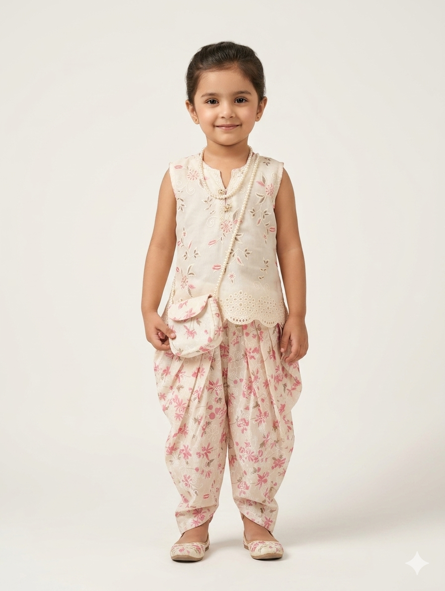 Charming Kids Floral Embroidered Kurti and Printed Dhoti Shalwar Set with Matching Purse
