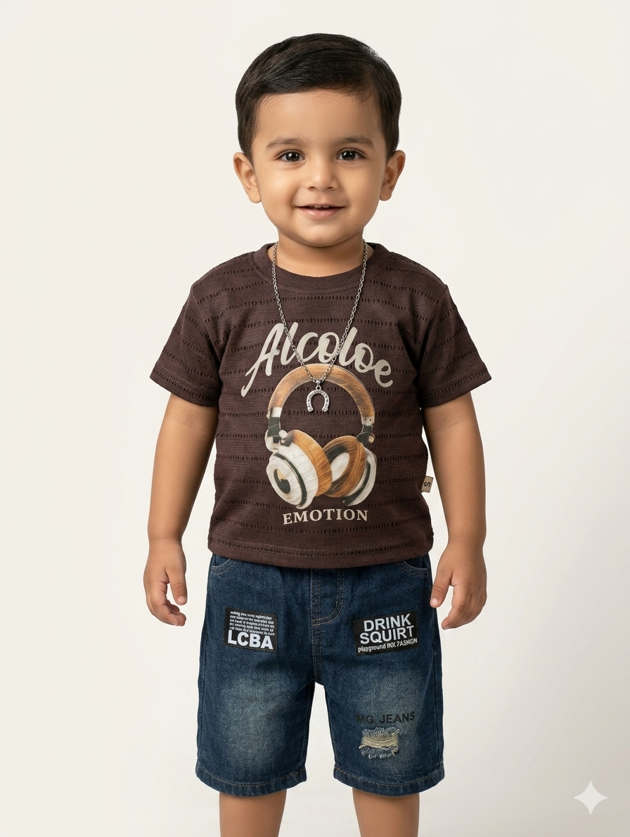 Trendy Boys Headphone Graphic T-Shirt Paired with Stylish Distressed Denim Shorts Two-Piece Summer Set