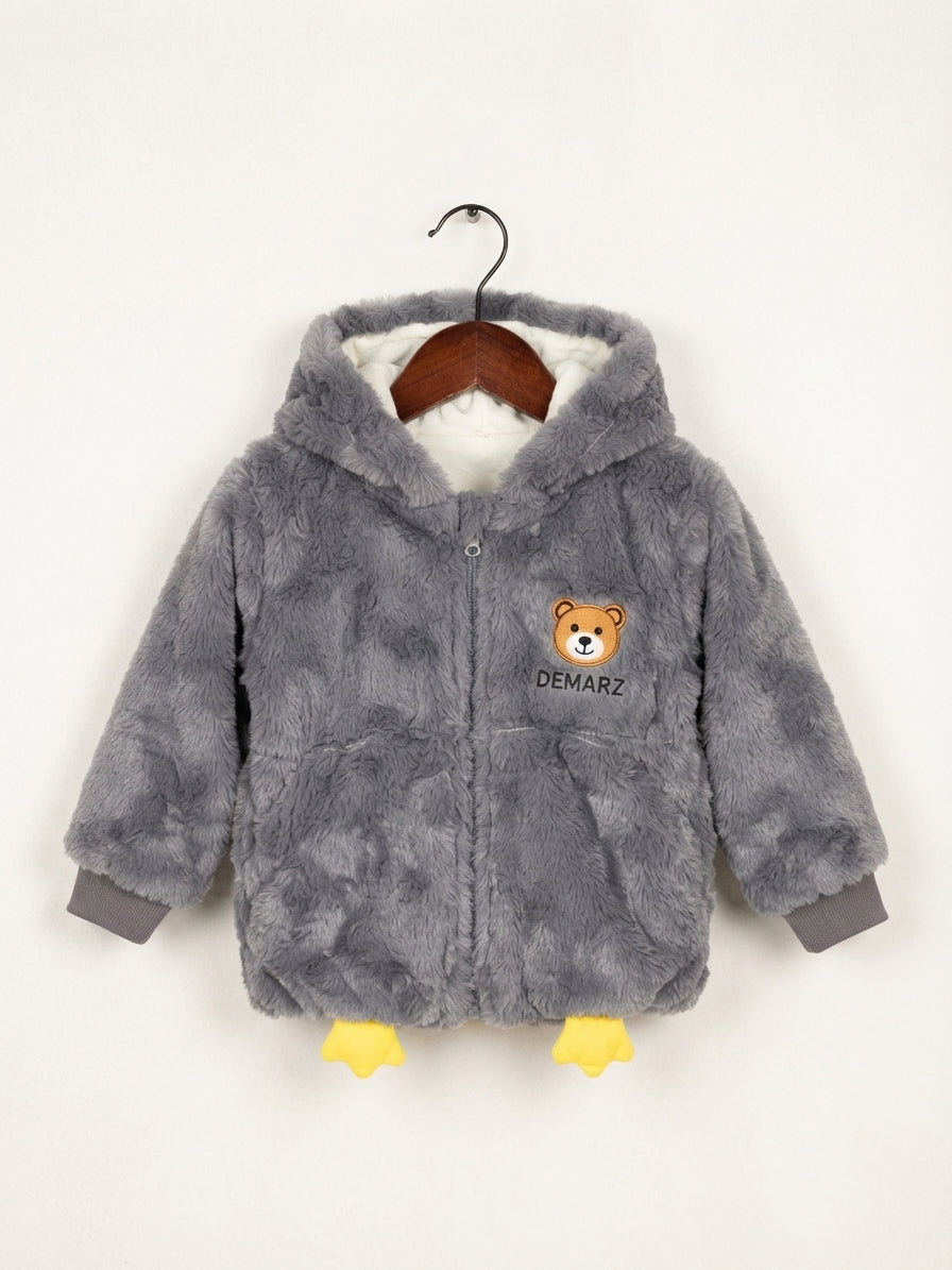 Cute Fluffy Faux Fur Hooded Kids Winter Jacket With Playful Bottom Duck Feet
