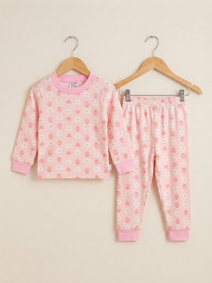 Soft Pink Cotton Baby Pajama Set Featuring Cute Bunny And Strawberry Print For Toddlers