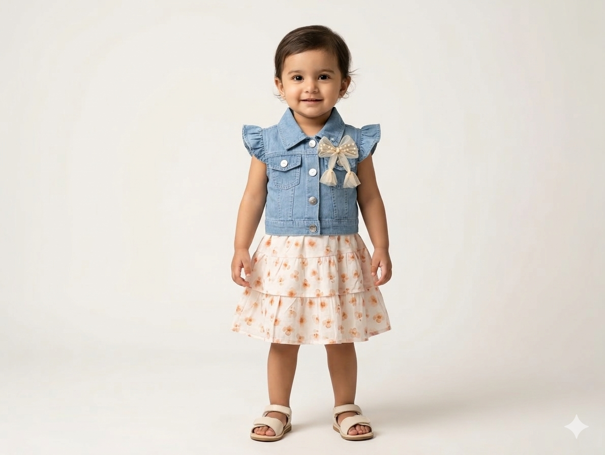 Toddler Girls' Denim Vest and Floral Tiered Skirt Two-Piece Set with Pearl Bow Accent