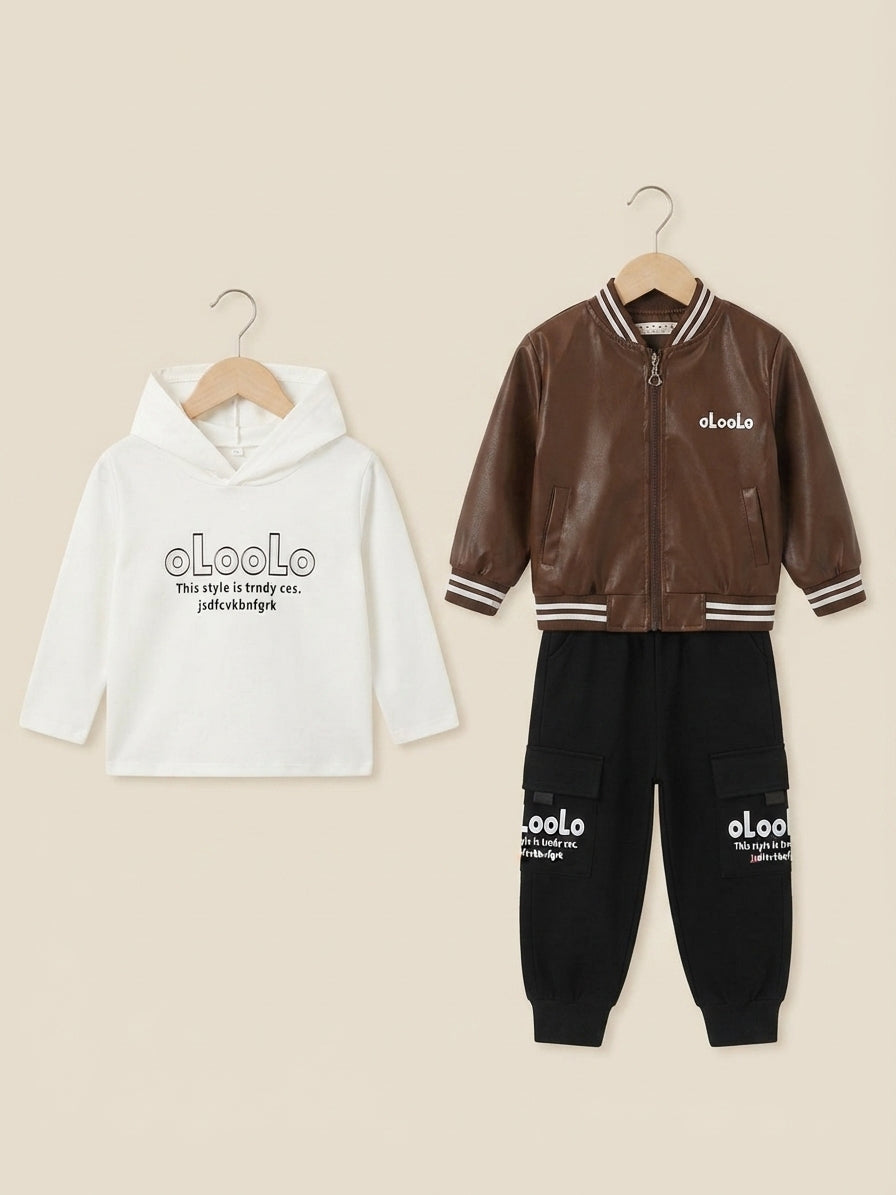 Stylish Boys Faux Leather Bomber Jacket Hooded Shirt And Cargo Trousers Outfit Set