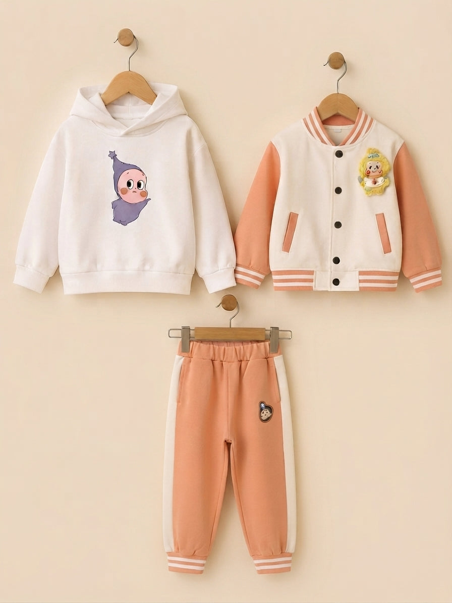 Stylish Boys Three Piece Winter Outfit Featuring Printed Hoodie Matching Trouser And Bomber Jacket