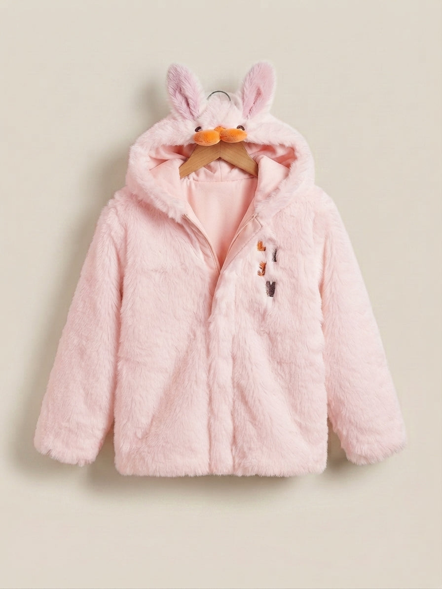 Cute Kids Bunny Ear Hooded Faux Fur Jacket Soft Winter Warm Outerwear Coat
