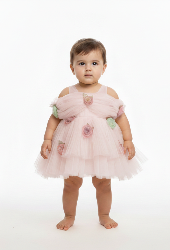 Baby Girls' Floral Tulle Party Dress - Elegant Layered Princess Frock for Special Occasions
