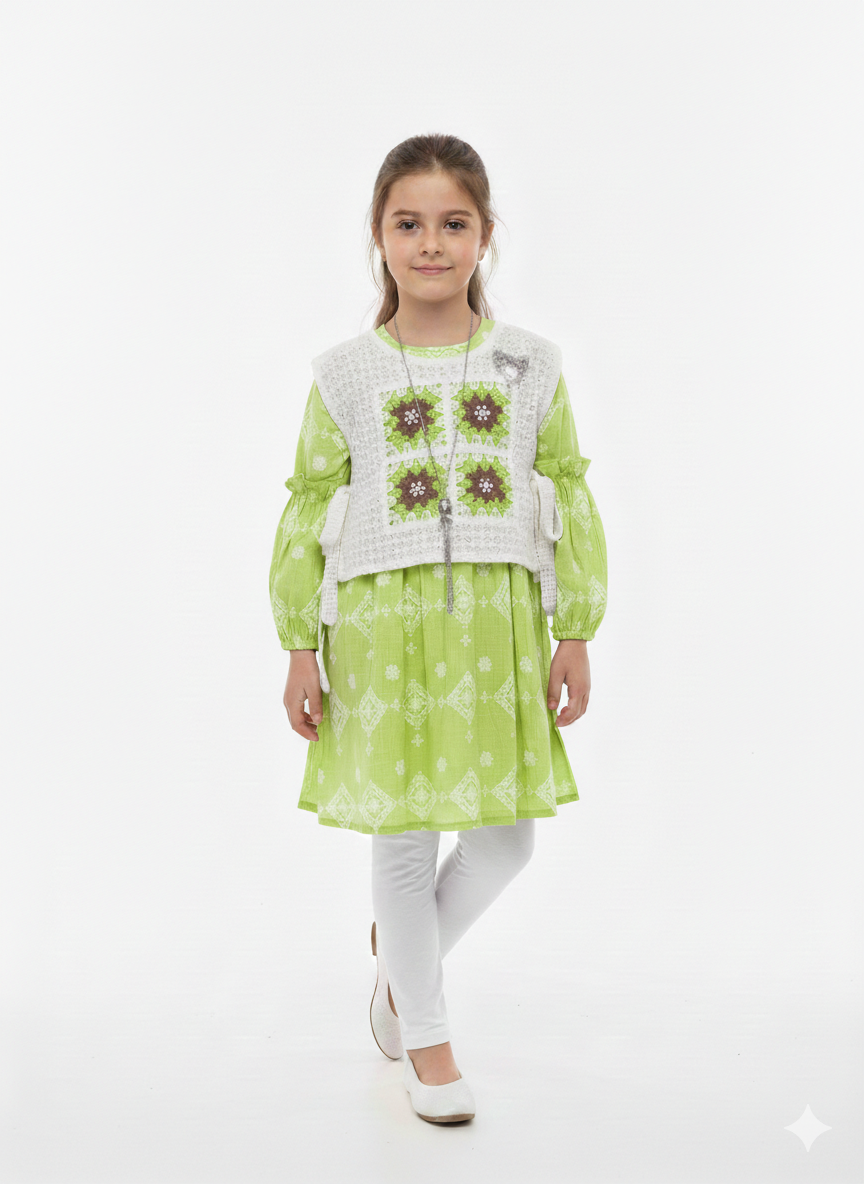 Girls' Vintage-Inspired Boho Frock Set with Crochet Vest and Matching Leggings Three-Piece Outfit