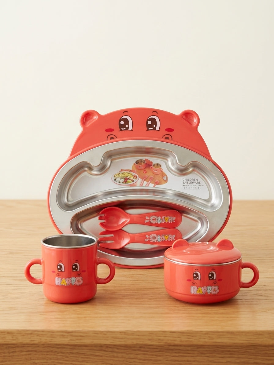 Kids Stainless Steel Compartment Dinnerware Set With Cup Bowl Spoon Fork Feeding Set