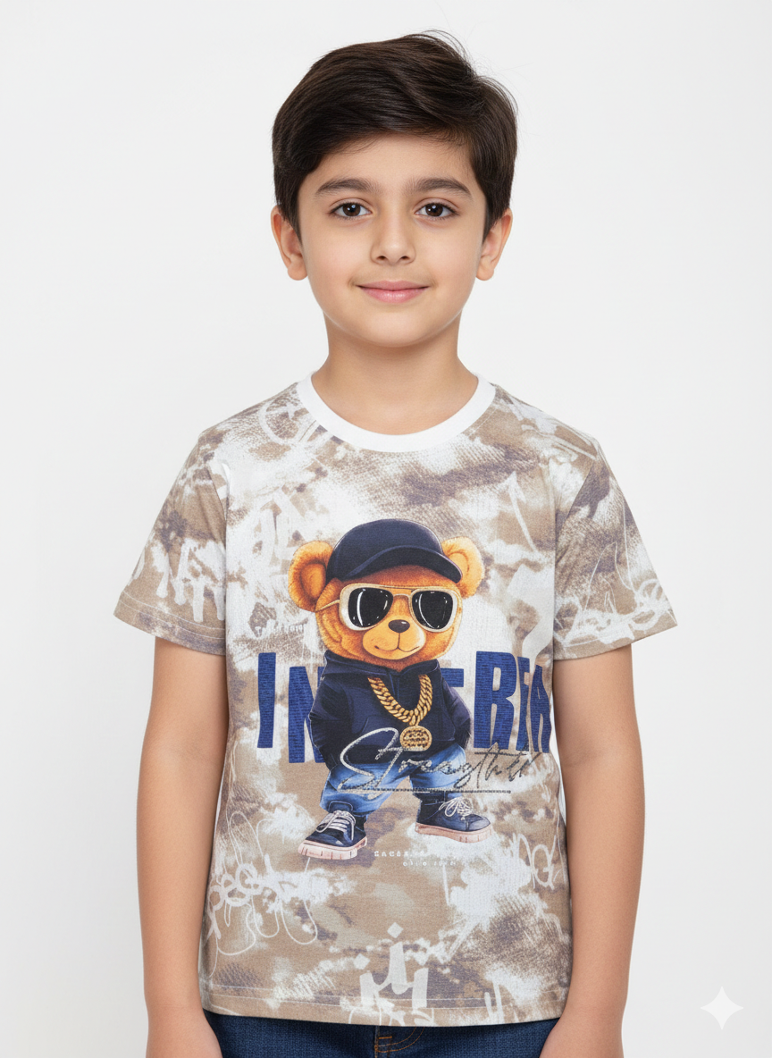 Boys' Urban Hip-Hop Teddy Bear Graphic Tee with Streetwear Print and Comfortable Crew Neck