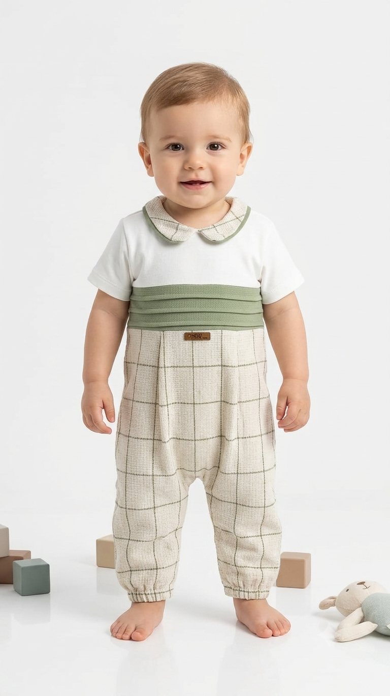 Baby Boy Olive Green Plaid Jumpsuit Romper With Elegant Pleated Waist Band Detail
