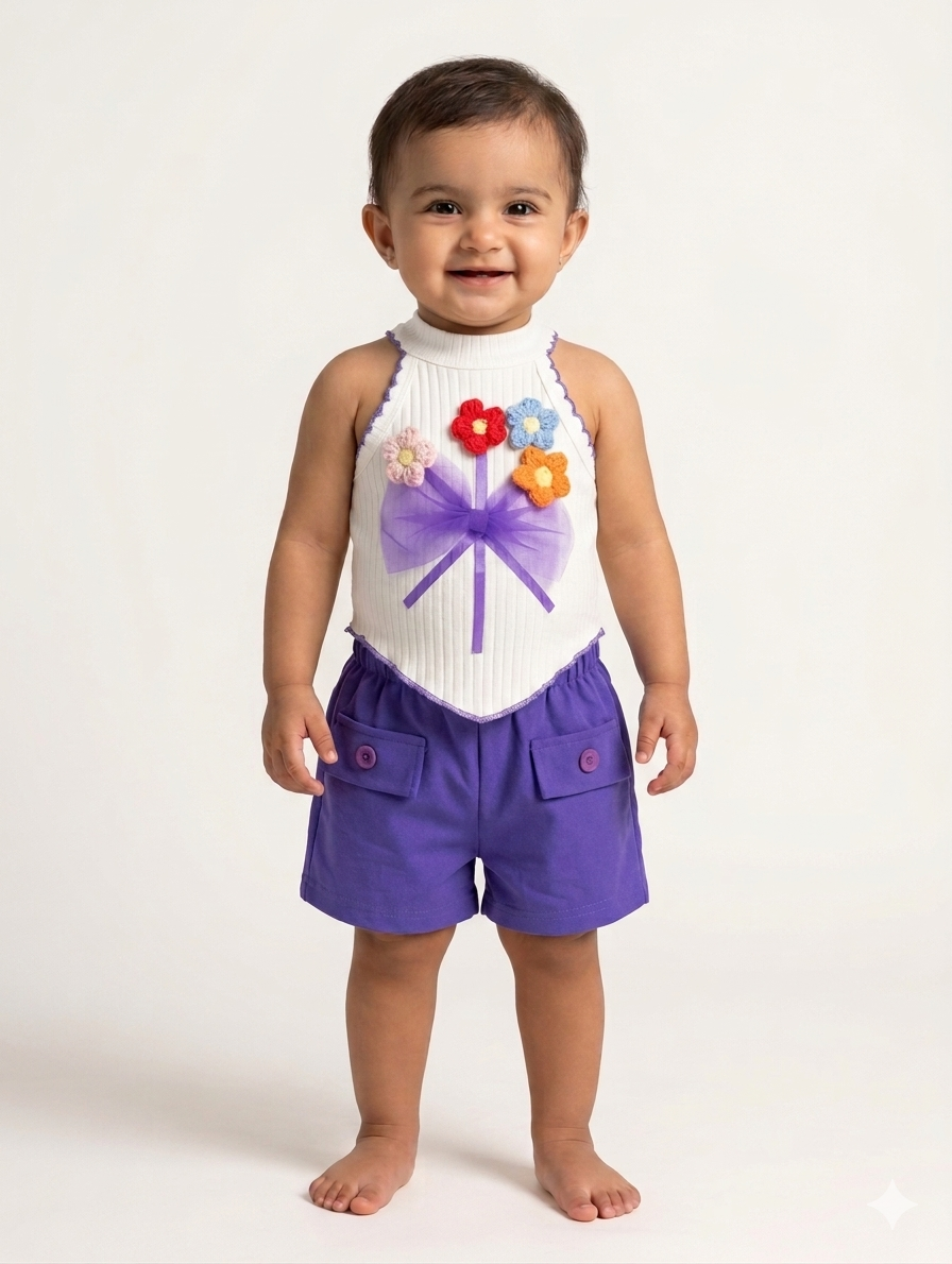 Two-Piece Toddler Summer Set Featuring Ribbed Floral Halter Top and Elastic Cargo Pocket Shorts