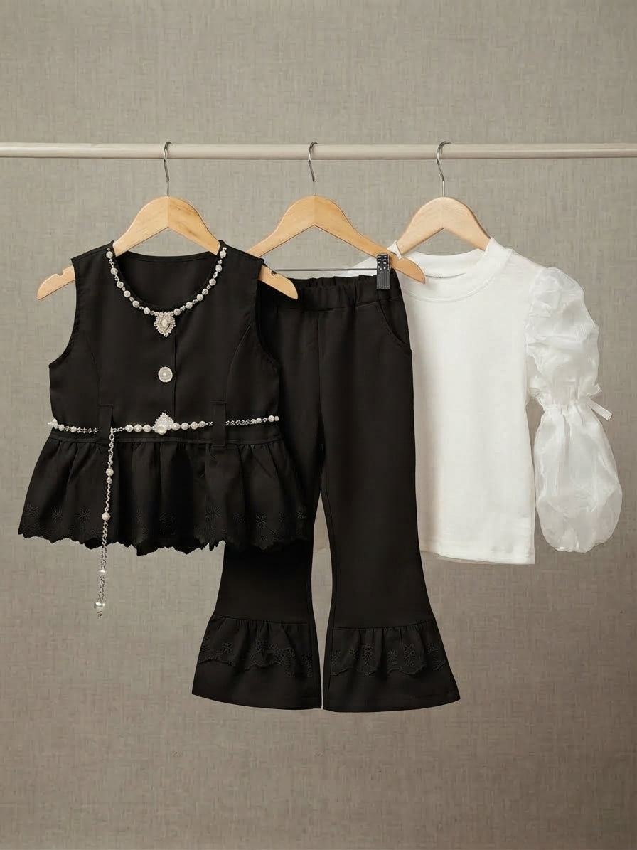 Stylish Kids Three Piece Outfit Set With Peplum Top And Bell Bottom Trousers