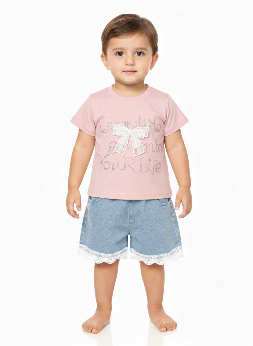 Toddler Girls’ Embellished T-Shirt and Lace-Trim Denim Shorts Two-Piece Summer Fashion Outfit Set