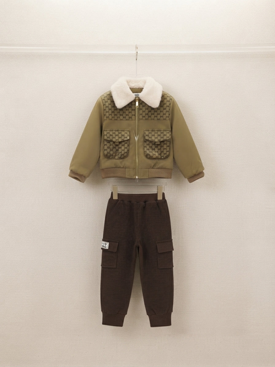 Stylish Kids Winter Jacket and Cargo Pants Outfit Set For Daily Wear