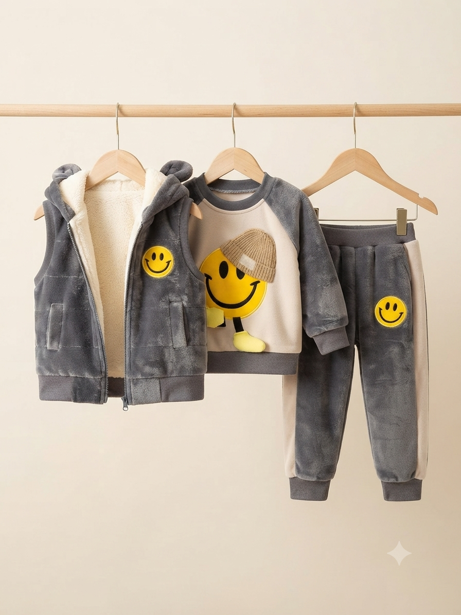 Plush Fleece Three-Piece Outfit Set With A Yellow Smiley Face