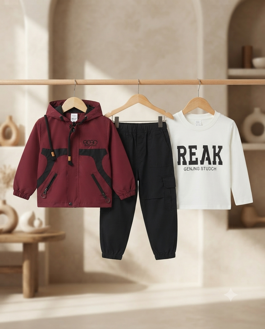 Trendy Boys Hooded Jacket T-shirt and Cargo Pant Set for Comfortable Daily Wear