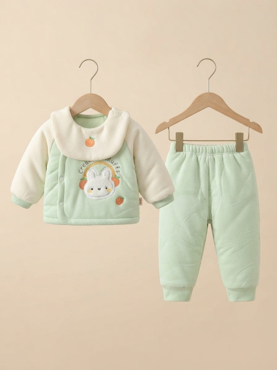 Cute Rabbit Design Fleece Winter Top With Matching Full-Length Trouser Set