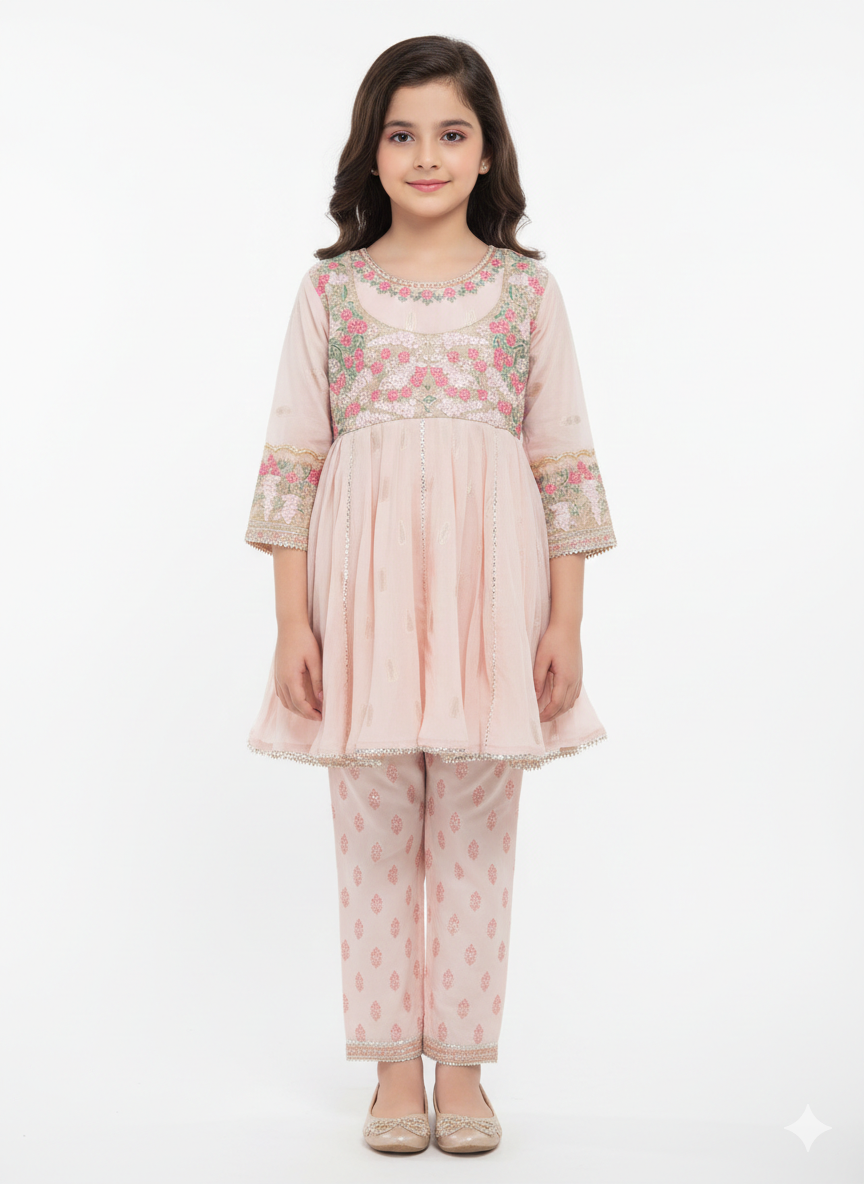 Elegant Girls' Embroidered Tulle Peplum Kurta Set in Festive Maroon and Soft Champagne Gold