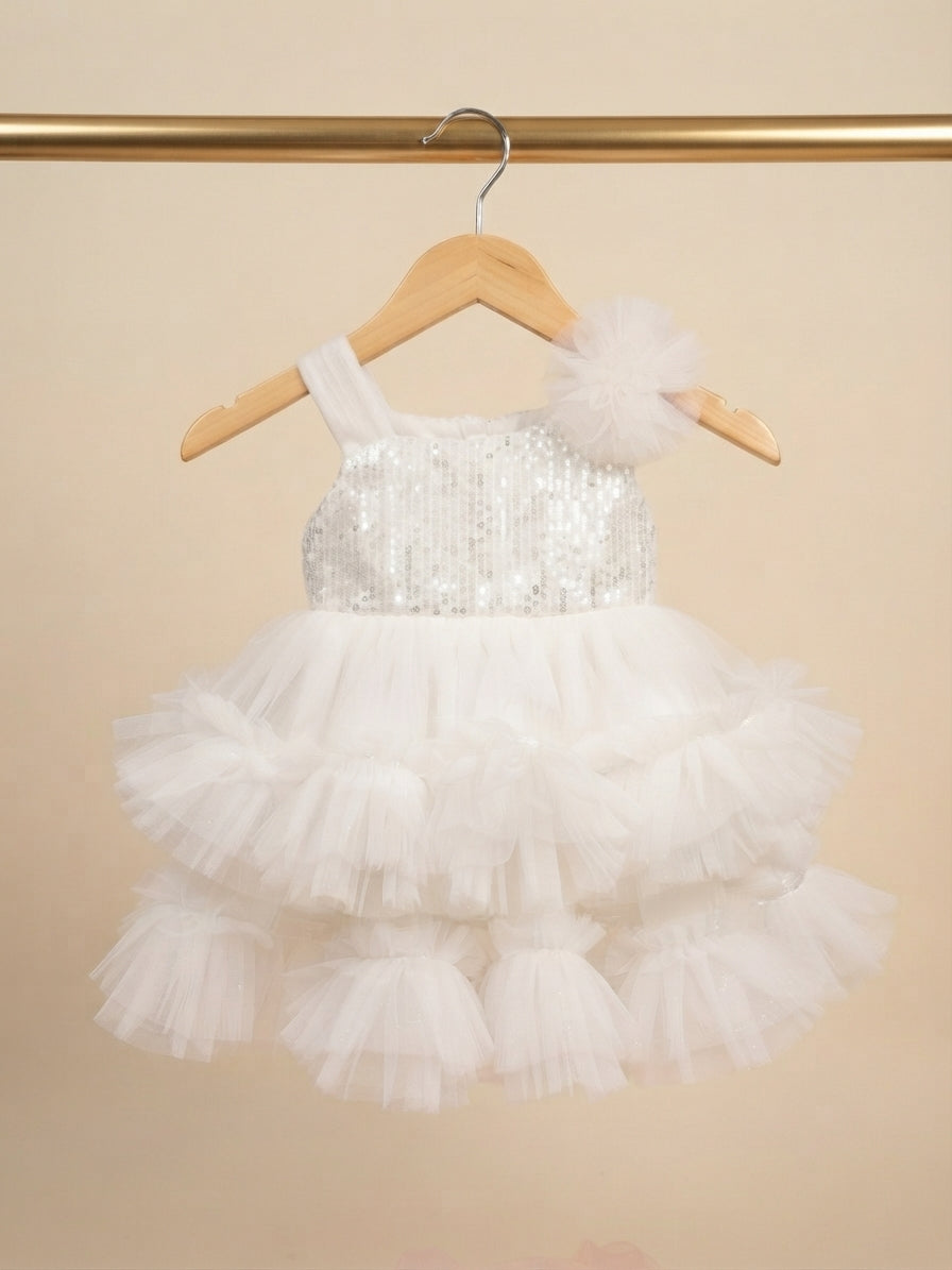 Beautiful White Sequin Net Ruffled Party Dress With Elegant Shoulder Flower For Baby Girls