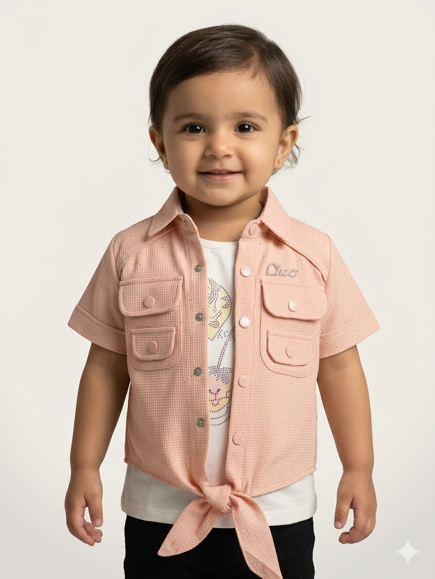 Girls Chic Front-Tie Short Sleeve Button-Down Shirt and Graphic Inner Tee Two-Piece Outfit Set
