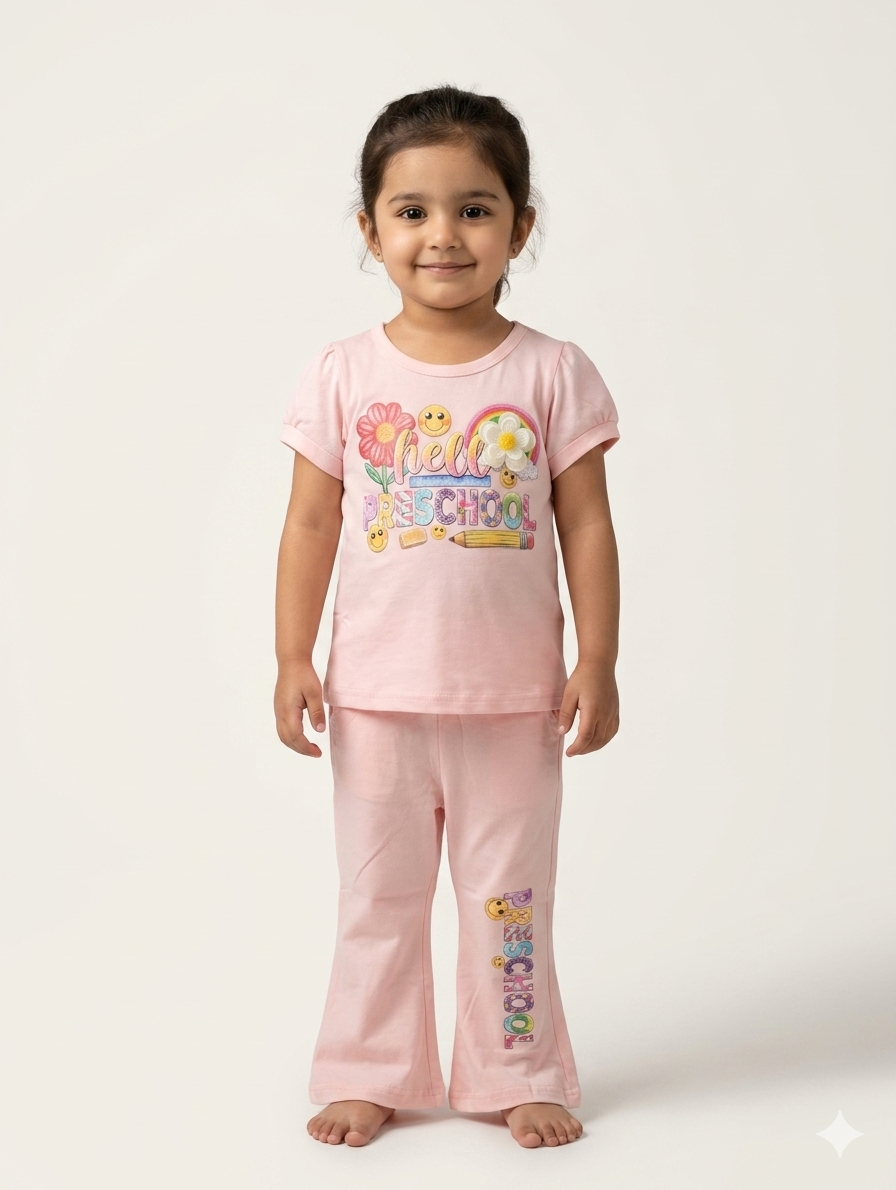Girls Hello Preschool Theme Two Piece Cotton T Shirt And Matching Flare Trouser Set