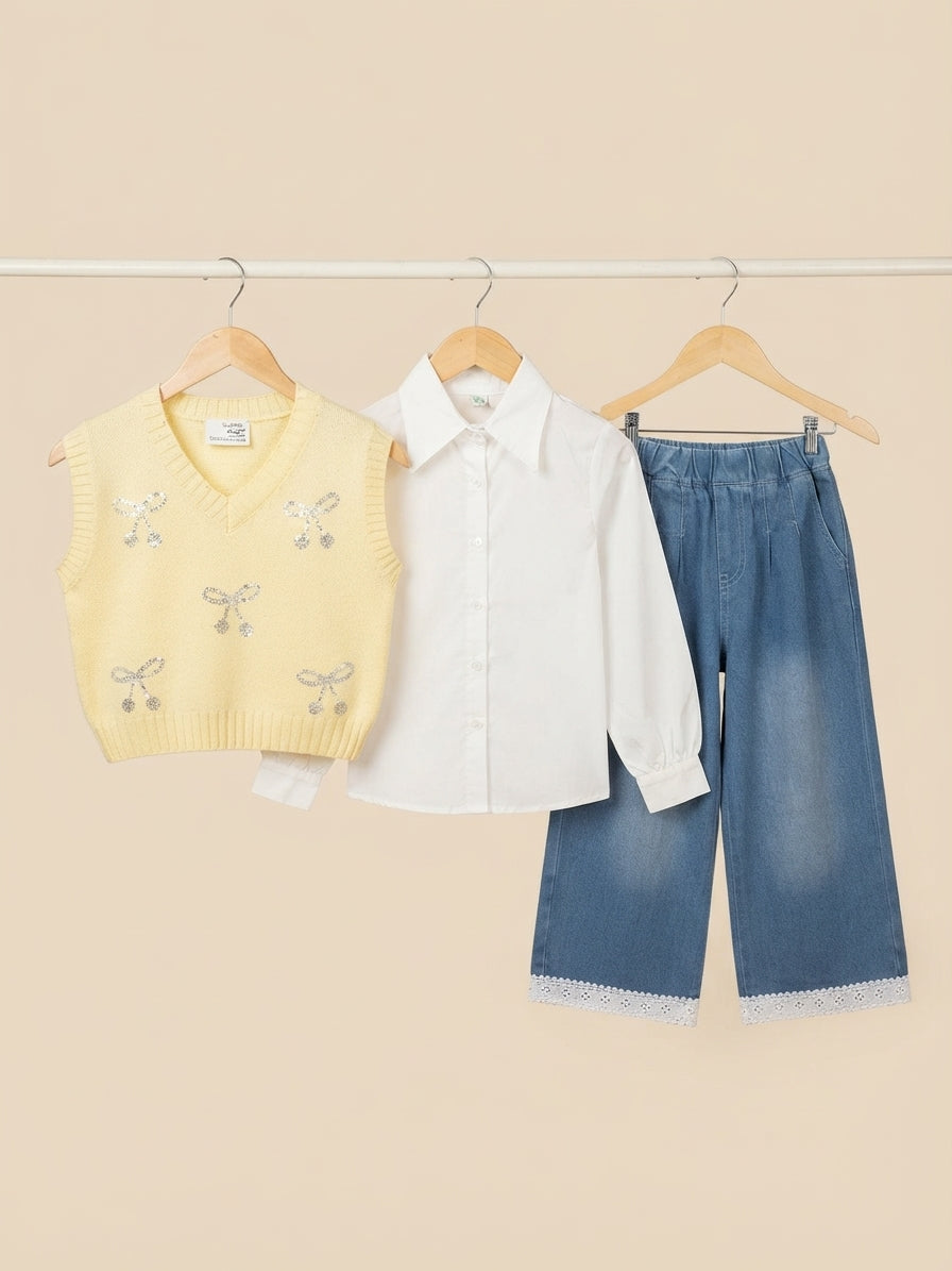 Stylish Kids 3-Piece Girls Outfit Set With Bow Sweater Shirt And Denim Pants