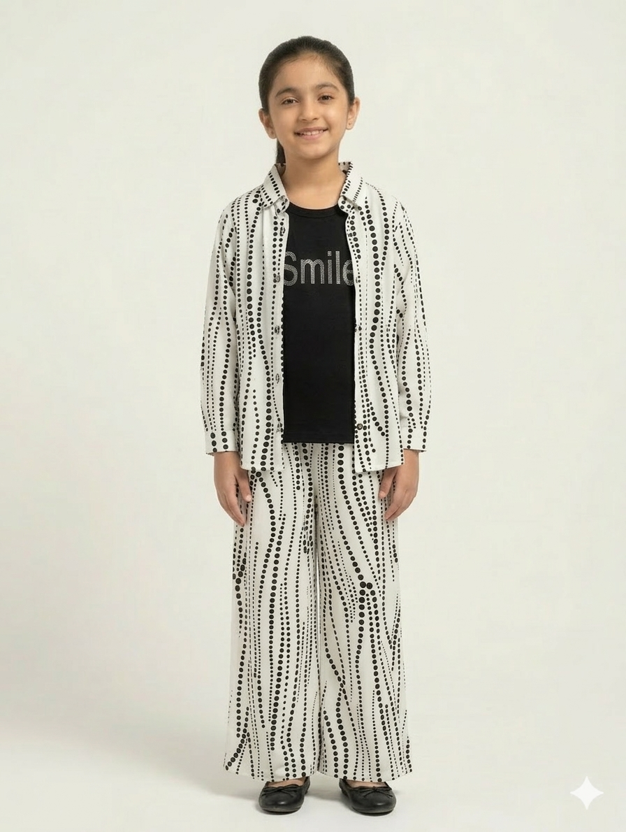 Girls' Stylish Polka Dot Button Down Shirt and Wide Leg Trouser Two Piece Summer Set